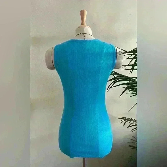 Blue 100% Cotton Tank Top with Palm Tree Rhinestone Design Naples - Size S - Picture 2 of 9